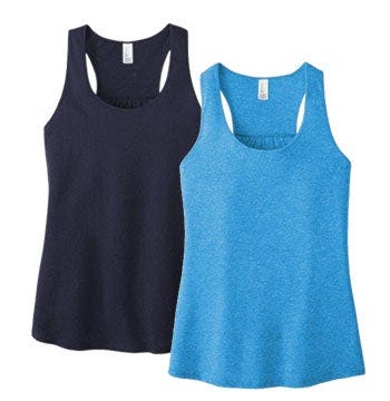 District® Women’s Gathered Back Tank featuring a gathered racerback and front print area